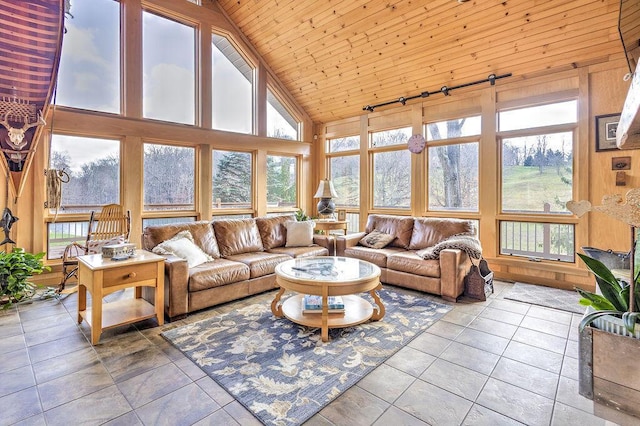 sunroom featuring plenty of natural light, wooden ceiling, and vaulted ceiling