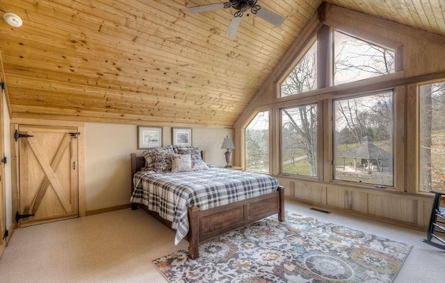 bedroom featuring multiple windows, ceiling fan, wooden ceiling, and vaulted ceiling