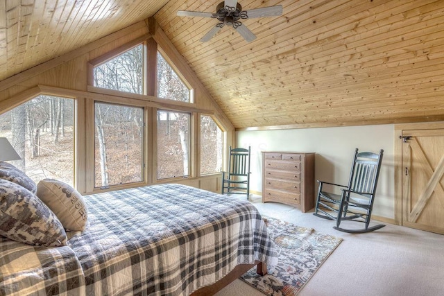 bedroom featuring wood walls, wooden ceiling, lofted ceiling, ceiling fan, and light colored carpet