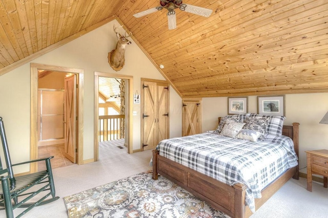 carpeted bedroom with vaulted ceiling, ceiling fan, and wooden ceiling