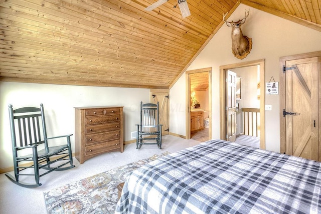 bedroom with connected bathroom, vaulted ceiling, ceiling fan, and wood ceiling