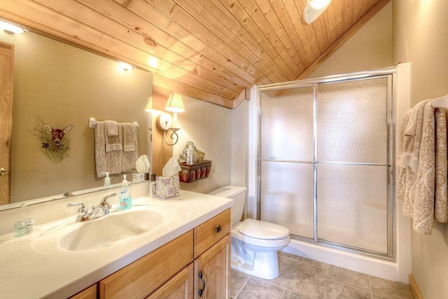 bathroom featuring vanity, lofted ceiling, wooden ceiling, toilet, and walk in shower