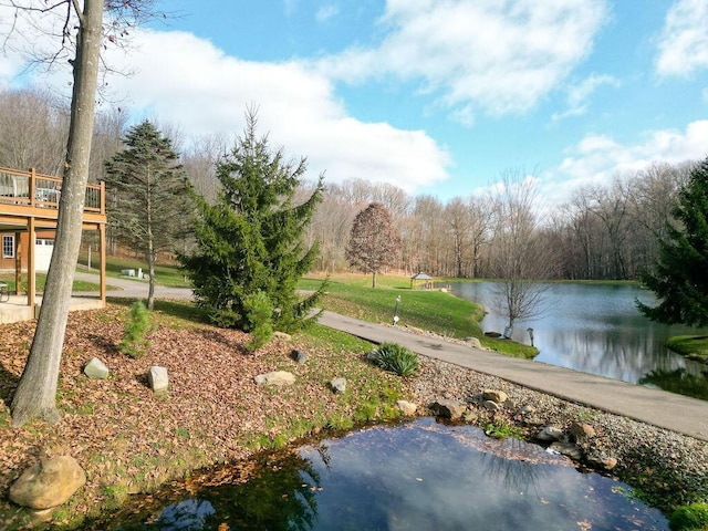 view of community with a water view and a yard