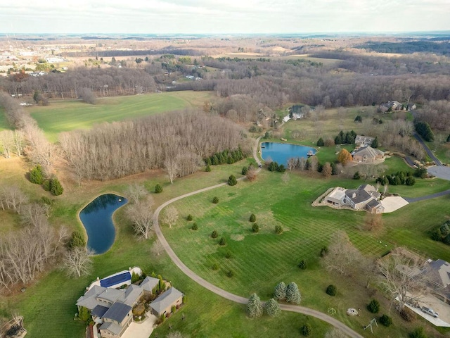 aerial view featuring a water view and a rural view