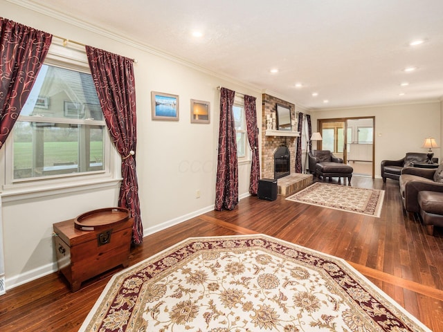 living room with crown molding and wood-type flooring