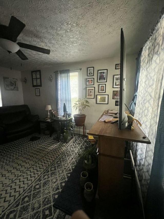 interior space with ceiling fan and a textured ceiling