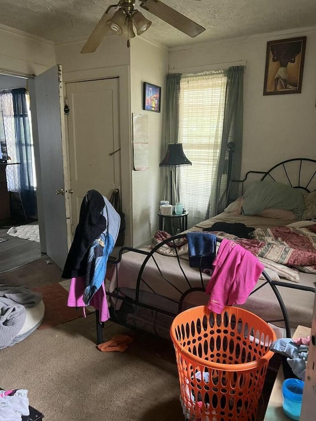 bedroom with carpet flooring, ceiling fan, a textured ceiling, and a closet