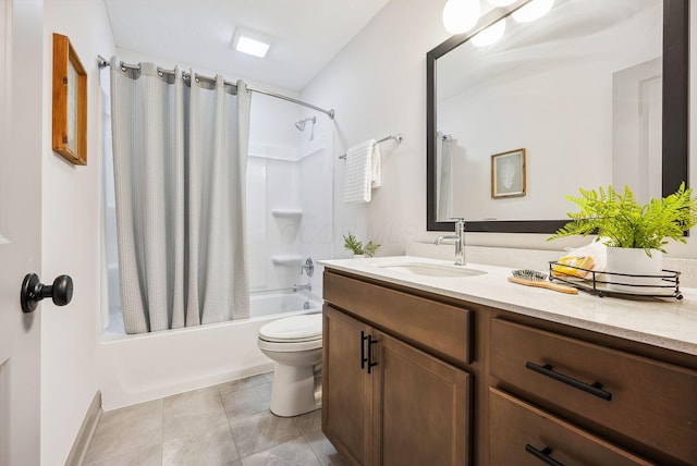 full bathroom featuring tile patterned flooring, shower / bath combo, vanity, and toilet