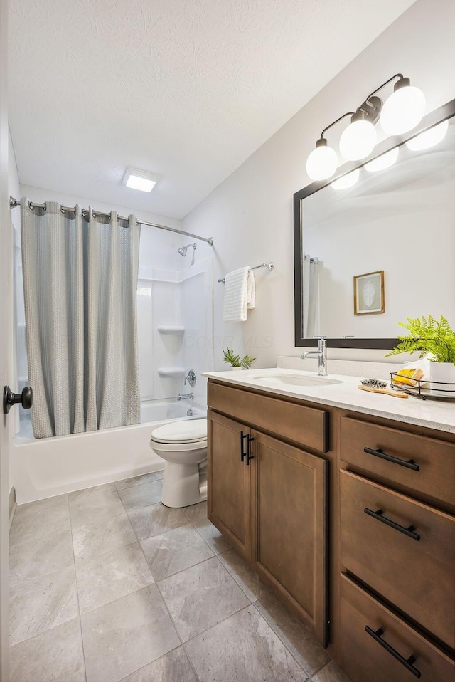 full bathroom with vanity, toilet, shower / bathtub combination with curtain, and a textured ceiling