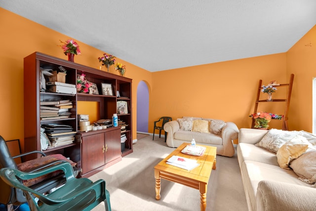 carpeted living room featuring a textured ceiling