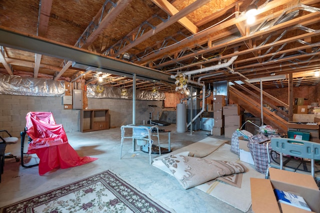 basement featuring electric panel and water heater