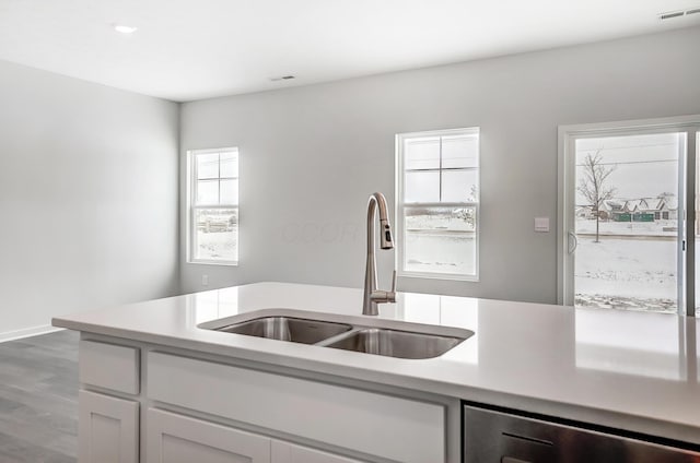 kitchen with sink, white cabinets, stainless steel dishwasher, and wood-type flooring