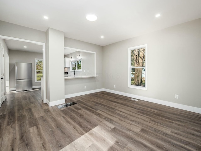 unfurnished living room with sink and dark wood-type flooring