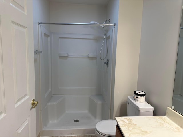 bathroom with a shower, vanity, and toilet