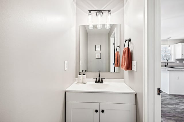 bathroom with vanity and wood-type flooring