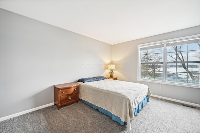 bedroom with dark colored carpet