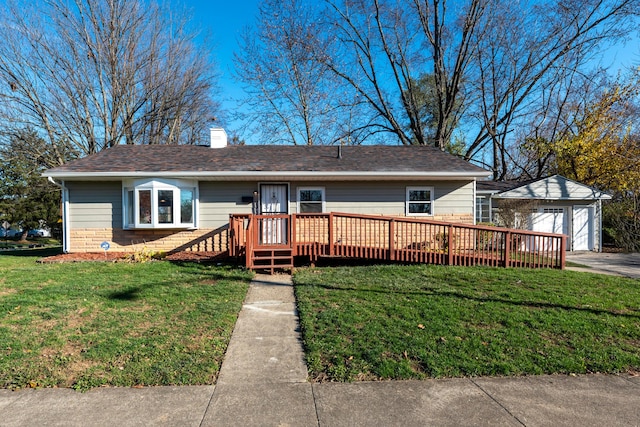 view of front of home with a front lawn and a wooden deck