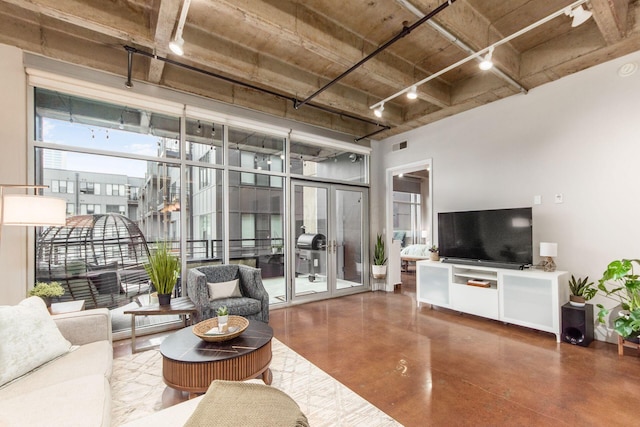 living room with concrete floors