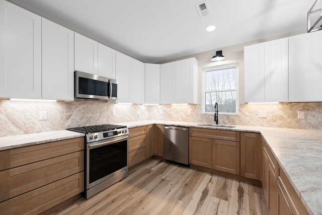 kitchen featuring white cabinetry, sink, tasteful backsplash, light hardwood / wood-style floors, and appliances with stainless steel finishes