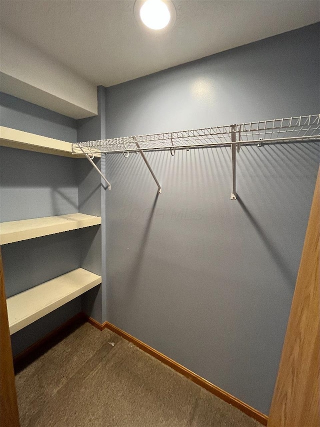 spacious closet featuring dark carpet