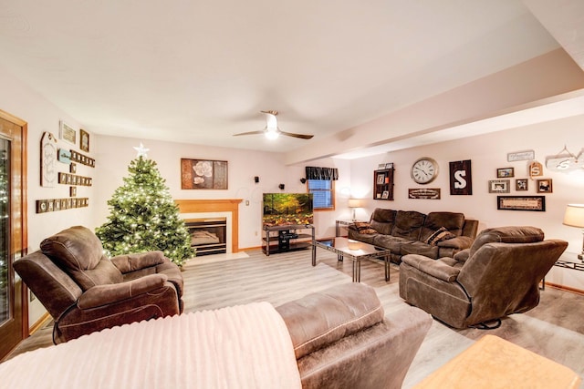 living room with ceiling fan and light hardwood / wood-style floors