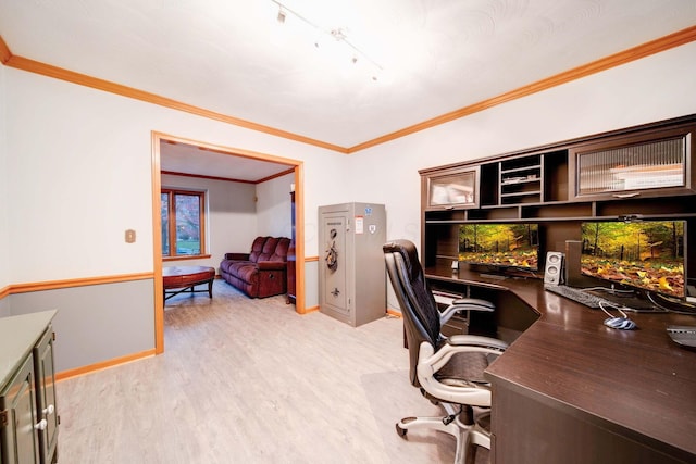 office space with ornamental molding and light hardwood / wood-style floors