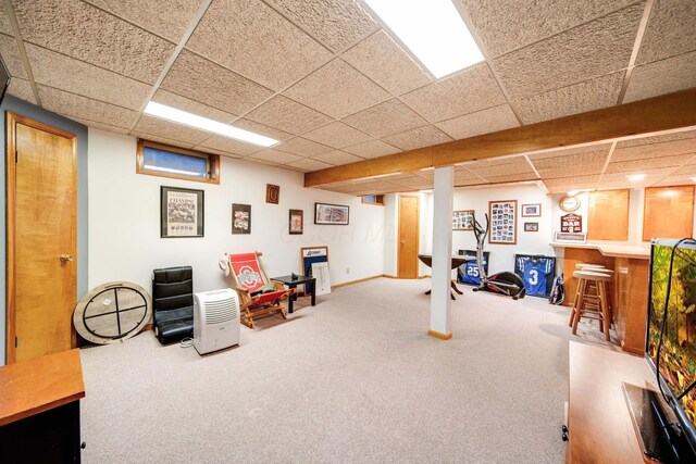 interior space featuring a drop ceiling and carpet flooring