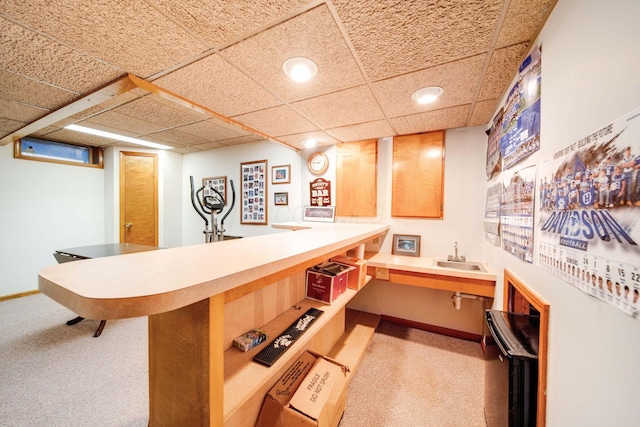 bar featuring sink, light colored carpet, and a drop ceiling