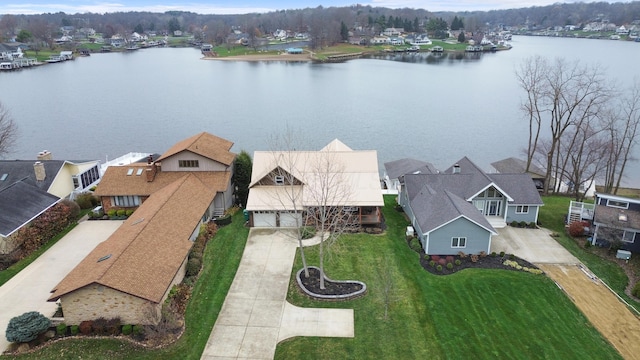 bird's eye view with a water view