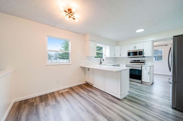 kitchen featuring sink, kitchen peninsula, light wood-type flooring, white cabinetry, and stainless steel appliances