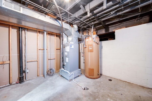 basement with heating unit and water heater