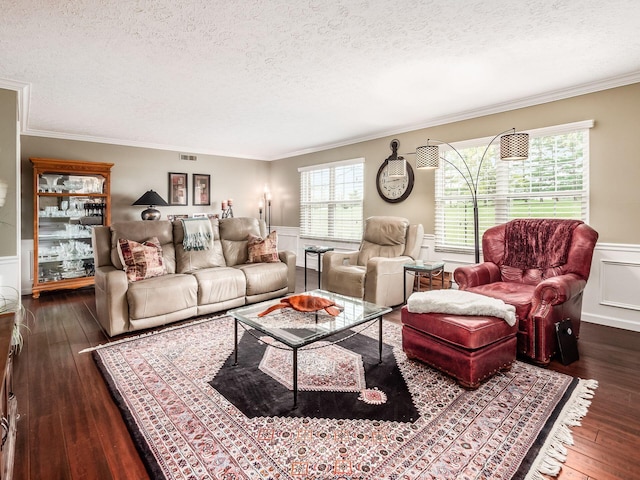 living room featuring ornamental molding, a textured ceiling, and dark wood-type flooring