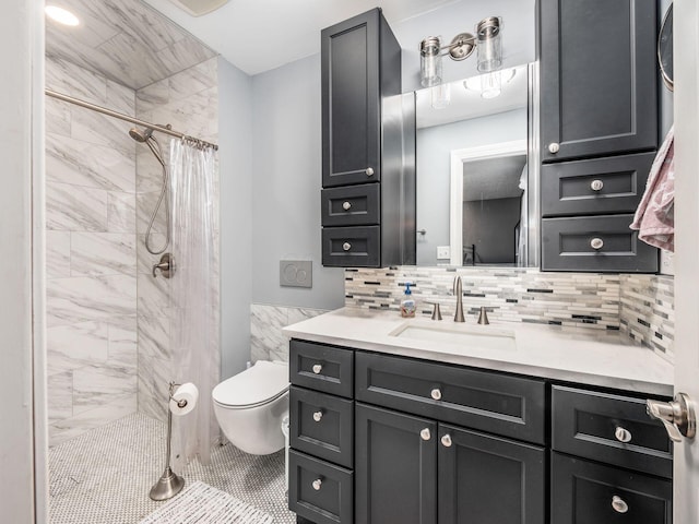 bathroom featuring tasteful backsplash, tile patterned floors, walk in shower, vanity, and toilet