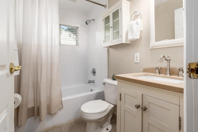 full bathroom with vanity, toilet, and shower / bathtub combination with curtain