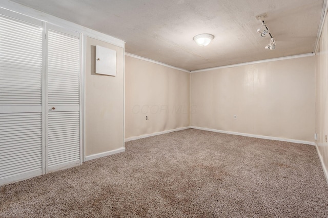 spare room with carpet flooring, track lighting, and ornamental molding