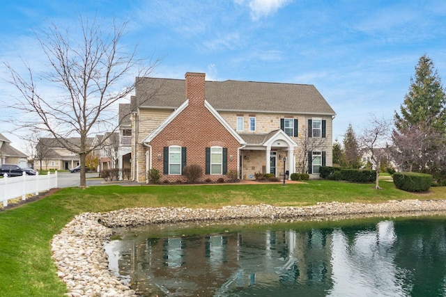 colonial inspired home with a water view and a front yard