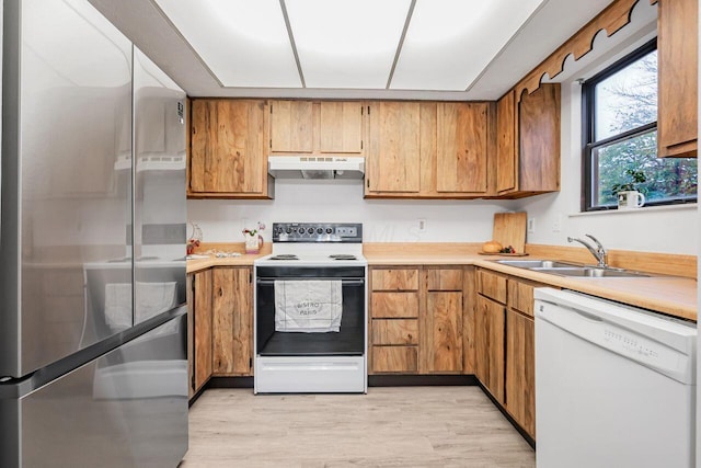 kitchen with sink, light hardwood / wood-style floors, and white appliances