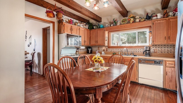 kitchen with beam ceiling, sink, dark hardwood / wood-style floors, backsplash, and white appliances