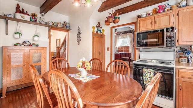 dining room with beamed ceiling, dark hardwood / wood-style floors, and an inviting chandelier