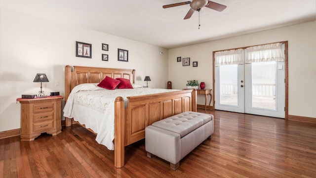 bedroom featuring ceiling fan, access to exterior, dark wood-type flooring, and french doors