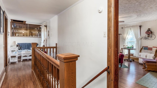 hall featuring dark hardwood / wood-style floors and crown molding