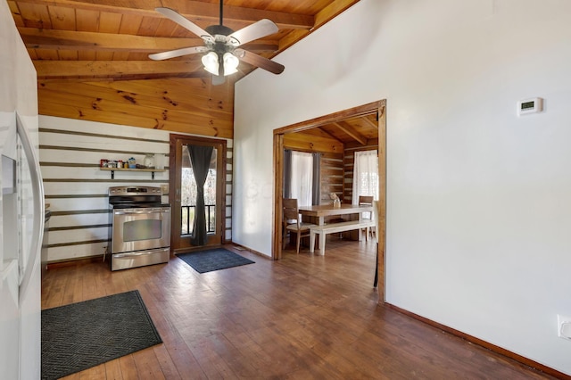 foyer featuring beamed ceiling, dark hardwood / wood-style flooring, ceiling fan, and wooden ceiling