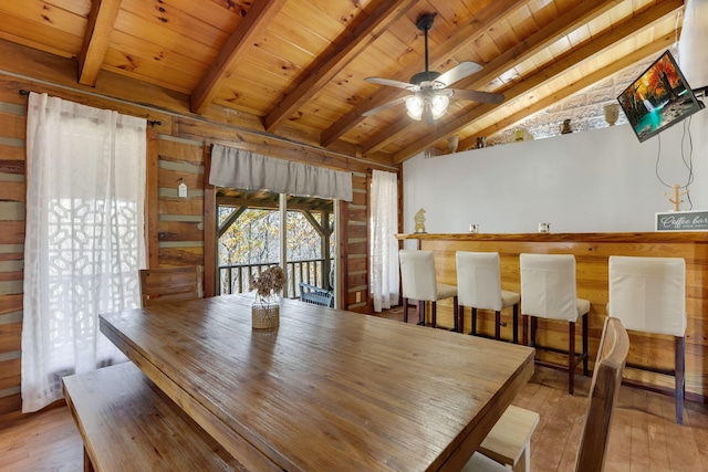 dining area with light wood-type flooring, wood ceiling, ceiling fan, vaulted ceiling with beams, and wood walls