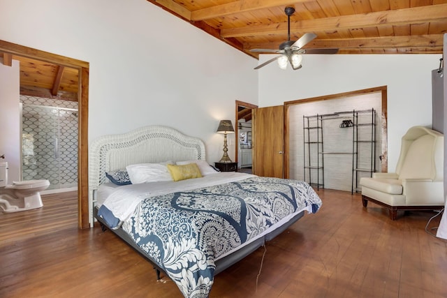 bedroom with ensuite bath, ceiling fan, lofted ceiling with beams, dark hardwood / wood-style floors, and wood ceiling