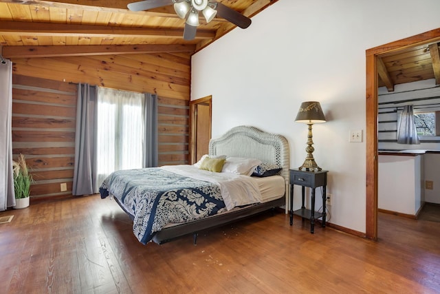 bedroom featuring hardwood / wood-style flooring, ceiling fan, wood walls, and wood ceiling