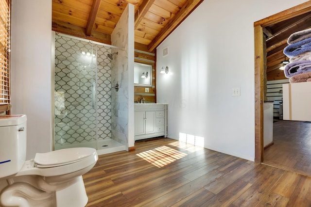 bathroom with hardwood / wood-style floors, vanity, wooden ceiling, and walk in shower