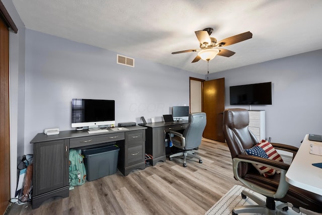 office with a textured ceiling, light wood-type flooring, and ceiling fan