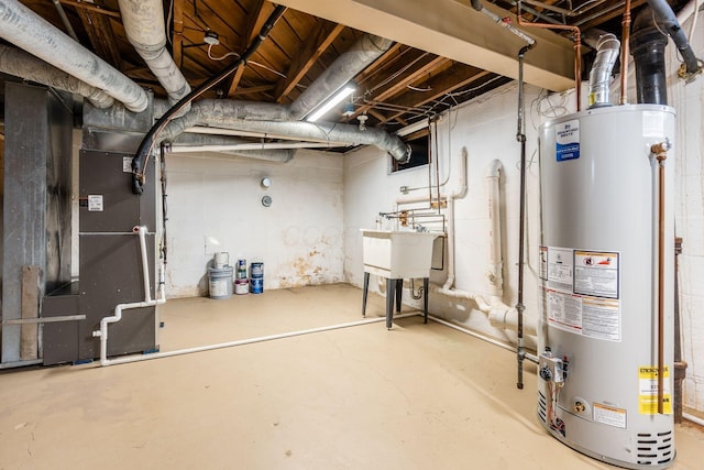 basement with gas water heater, sink, and heating unit