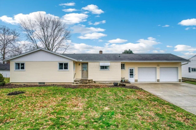 ranch-style home featuring a garage and a front lawn