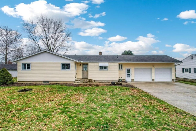 ranch-style home with a front lawn and a garage